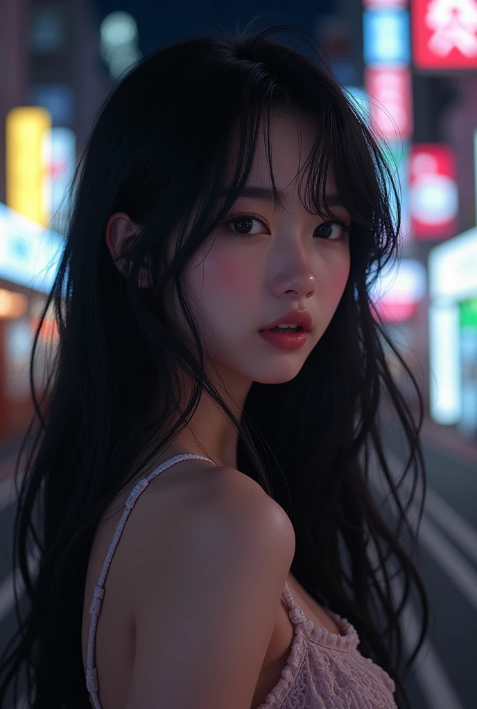 Highest quality,4K,8k,High resolution,masterpiece:1.2,Very detailed,A girl exuding fatigue,long, flowing black hair,Delicate features,Thinking eyes,White skin,Happy expression,Great atmosphere,Wearing a uniform、Gazing into the distance,,Romantic atmosphere、Roppongi Nightlife、Above-the-waist display、Ample breasts、Real Beauty、
