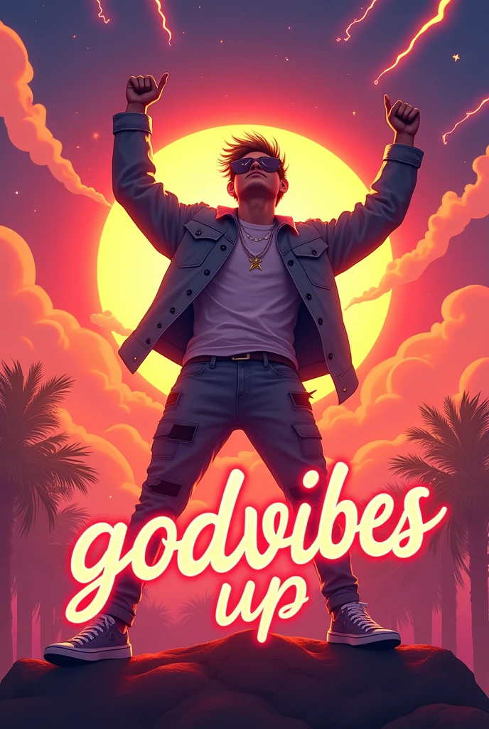 A vibrant sunset scene with orange gradients, pink and purple in the sky. A young man with a reggaeton style, in a victory pose, with brightness around it. Flames and lightning around the character, movement lines for dynamism. Radiant sun overhead and bright stars in the sky. texto "Godvibes up" in a bright, stylized font. positive and inspiring energy.
