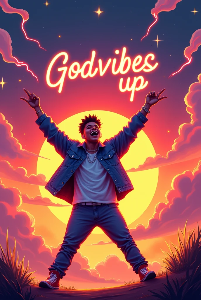 A vibrant sunset scene with orange gradients, pink and purple in the sky. A young man with a reggaeton style, in a victory pose, with brightness around it. Flames and lightning around the character, movement lines for dynamism. Radiant sun overhead and bright stars in the sky. texto "Godvibes up" in a bright, stylized font. positive and inspiring energy.