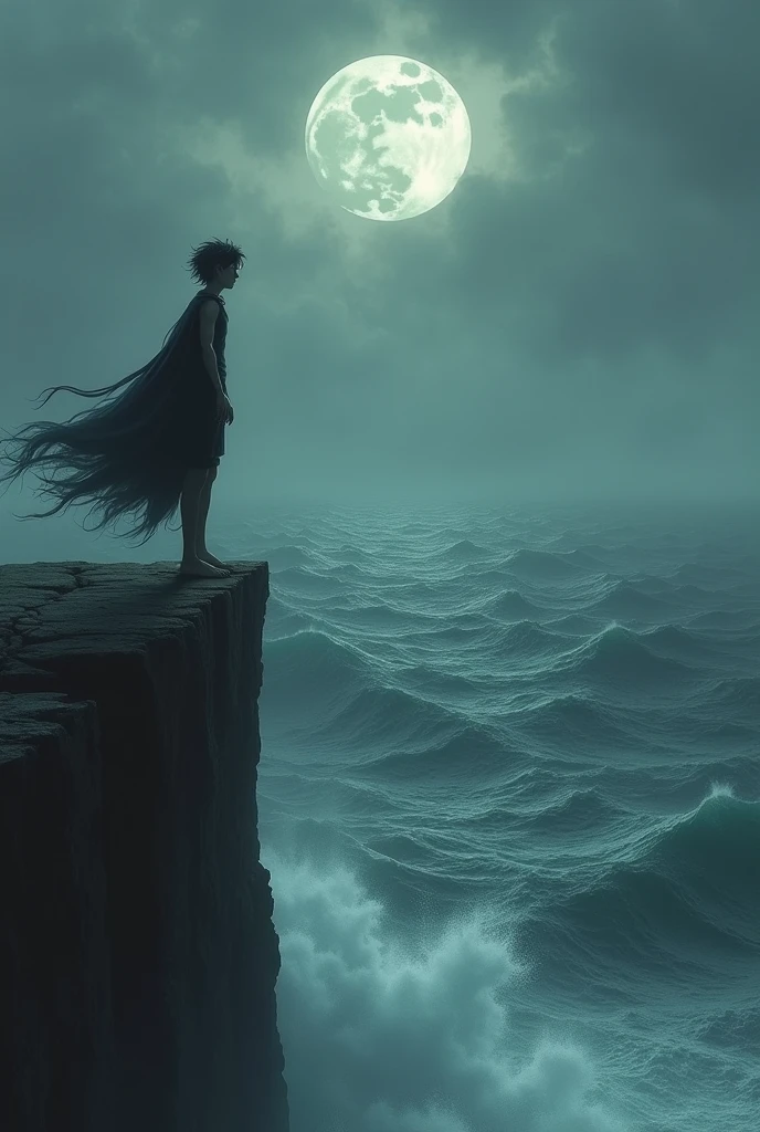A thin young man standing on the edge of a cliff, pale skin, short hair black as night, wind, sadness, dense atmosphere, crashing waves, full moon.