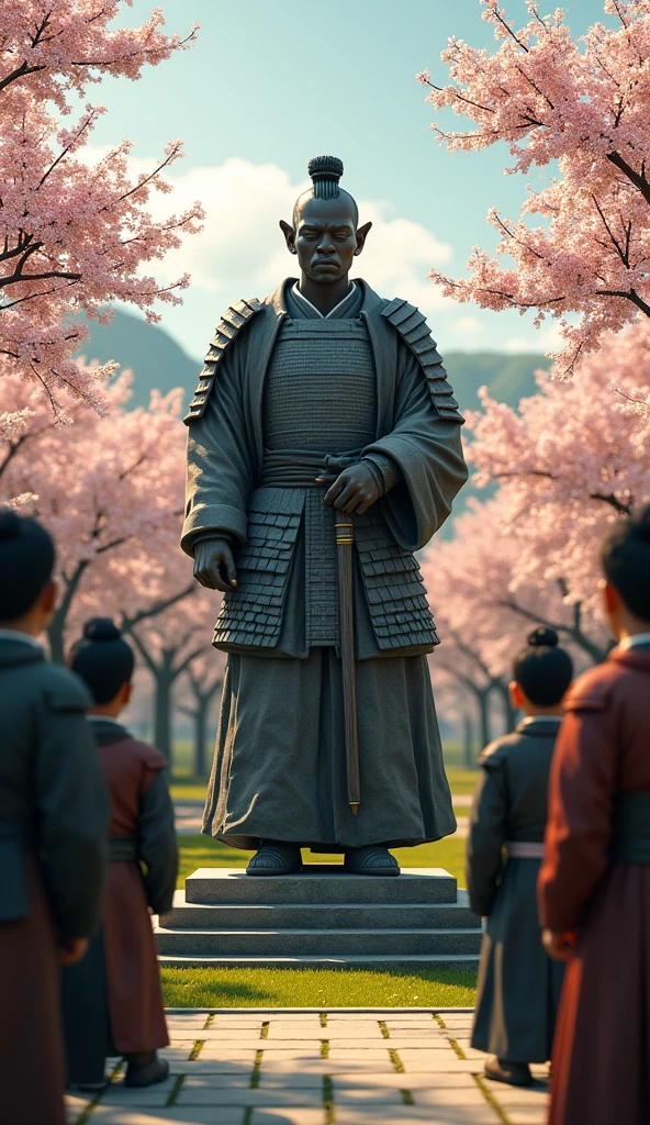 Close-up shot, Low angle shot, (A serene scene showing Yasuke “A towering African man over six feet tall, with a muscular build and dark, glistening skin”, Yasuke’s legacy, with a small shrine dedicated to him in a peaceful Japanese garden. The shrine is simple but elegant, with a stone statue of Yasuke in samurai armor, his expression calm and proud. The background is filled with lush greenery, cherry blossom trees in full bloom, and a clear blue sky. The light is soft and golden, casting a warm glow over the scene. A group of young samurai bow respectfully before the shrine, their faces showing admiration and respect for the legendary African samurai. This image captures the enduring legacy of Yasuke, a symbol of honor, strength, and the unbreakable spirit of a warrior.) unreal engine, cinematic, hyper-real, highly detailed, Ultra realistic HD --q 2 --v 6.1 --ar 9:16