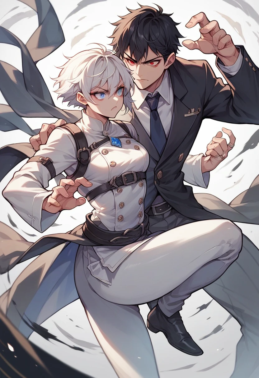 anime cover ,with two characters a male character with black hair,Red eyes,and with an angel ring and white suit fighting against a short-haired female character,white hair,blue eyes,and black chunks