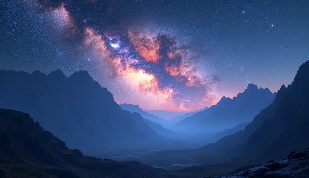 starry night sky, galaxy, nebula, twinkling stars, moonlight, silhouetted mountains, serene landscape, atmospheric lighting, dramatic composition, cinematic tone, vibrant colors, (best quality,4k,8k,highres,masterpiece:1.2),ultra-detailed,(realistic,photorealistic,photo-realistic:1.37)