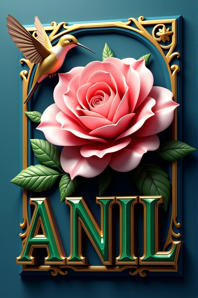 Design a 3D logo that feels both modern and organic. The main element is a three-dimensional pink rose with golden highlights. Surround the rose with a geometric, metallic border in deep blue and gold. In front of the rose, place the name "ANIL" in bold, green 3D letters with gold outlines. Add a hummingbird to the composition, as if it’s just about to land on the rose, adding a sense of liveliness to the design.