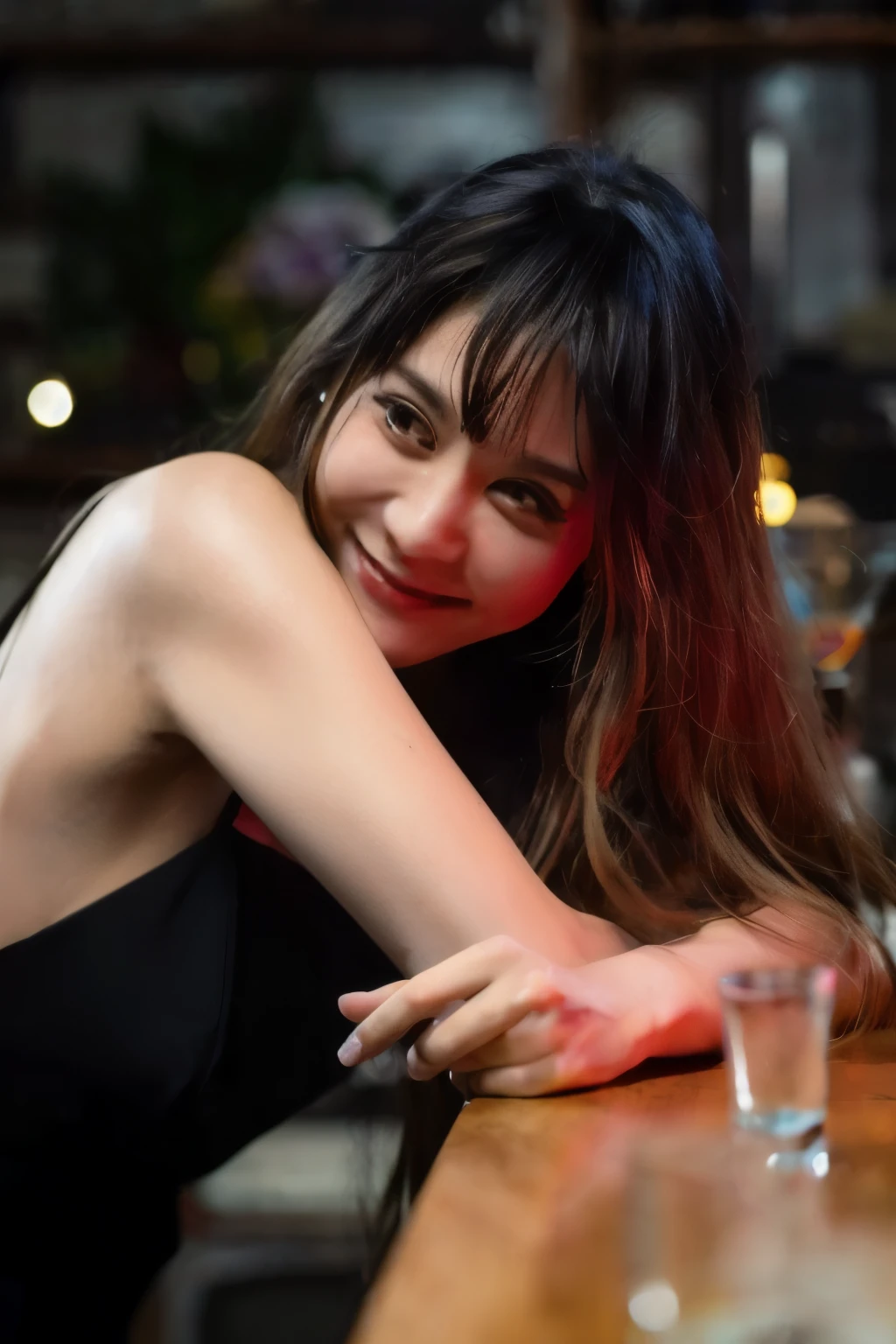 Leaning on the bar, Woman with wine glass, Photographed with Canon EOS R5, Portrait Shot, Playful smile, Mid Shot Portrait