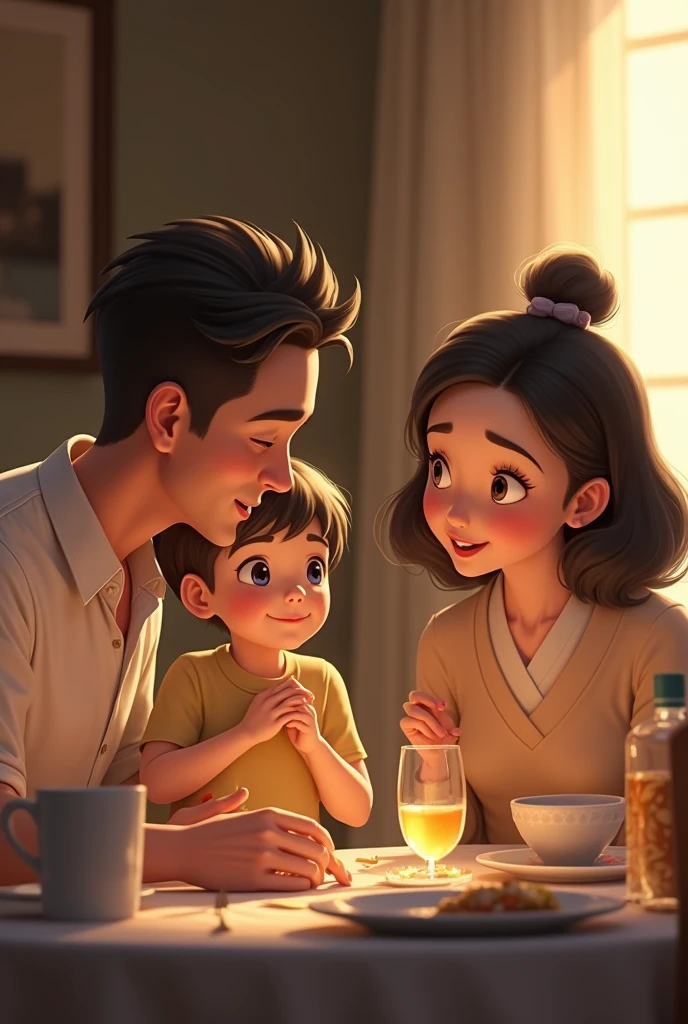 A family of three sitting at a dining table, with the father smiling and speaking to his young son. The mother looks on with a warm smile.