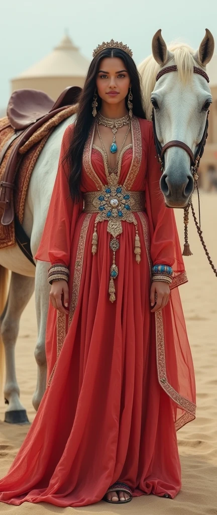 Front view ,Full-body, standing pose, on sand, near sultan tent, ((White Arabian horse, decoration horse harness:1.5)), a Persian ancient girl, looking White horse, exotic Persian girl is 20 years old, (Black hair ,long hair, Brown eye), (Her eyes were outlined with kohl:1.3) , (little Lips, smile), (Gorgeous head band with jewel), (middle breasts, middle hip), (She wore a knee-length light red gorgeous design red gown adorned with intricate embroidery, complemented by light blue bangles and necklaces. A second, longer shawl covered her head and shoulders, Kaunakes ), (framing her face like a White see-through veil), gorgeous sandal, ((Surrealism, UHD, retina, masterpiece, anatomically correct, accurate, textured skin, super detail, high details, high quality, best quality, 8k))