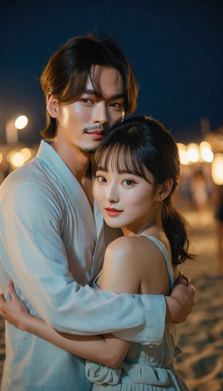 A stunning photograph of a Korean man with shoulder-length hair tied up and bangs, he is hugging a woman. Wonderful night warm beach setting. both looking at the camera, taken in low light with 150mm lens, perfect photo proportion