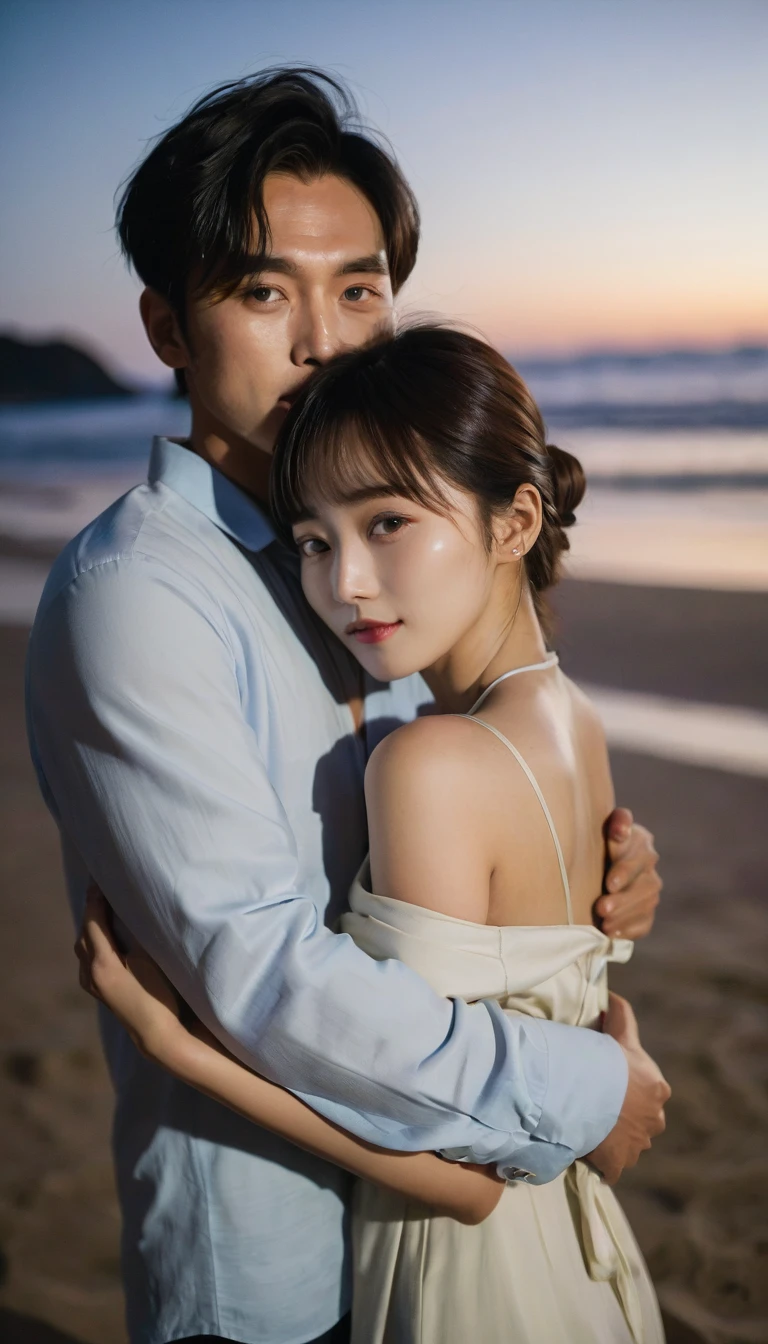 A stunning photograph of a Korean man with shoulder-length hair tied up and bangs, he is hugging a woman. Wonderful night warm beach setting. both looking at the camera, taken in low light with 150mm lens, perfect photo proportion
