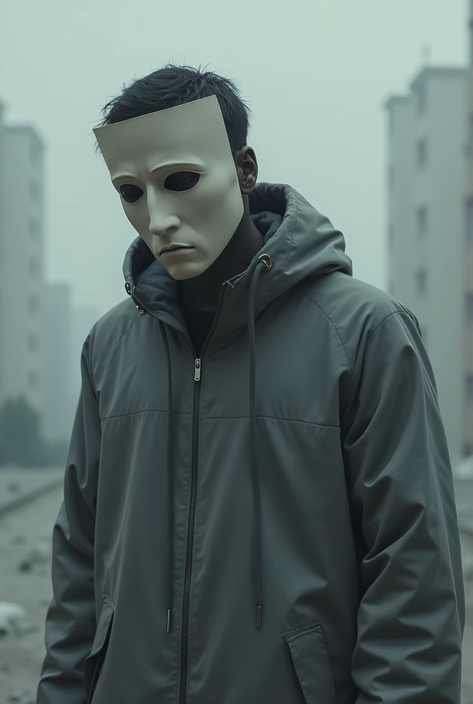 A man with gray clothing and a sad face paper mask