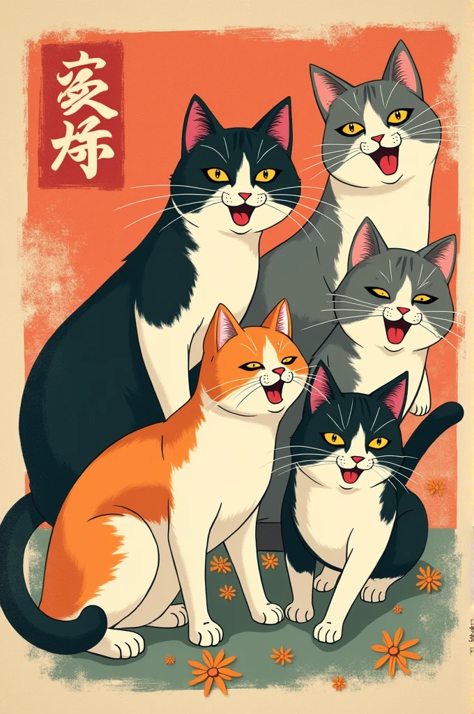Retro Japanese cats poster