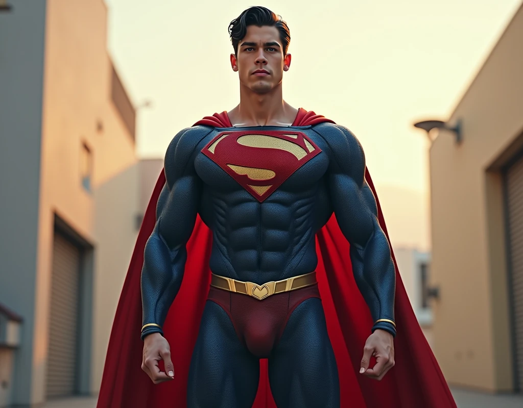 1 man full body fully shaven black hair blue eyes huge muscular 13 big thick penis large testicles greeting the viewer superman costume  age 18 morning