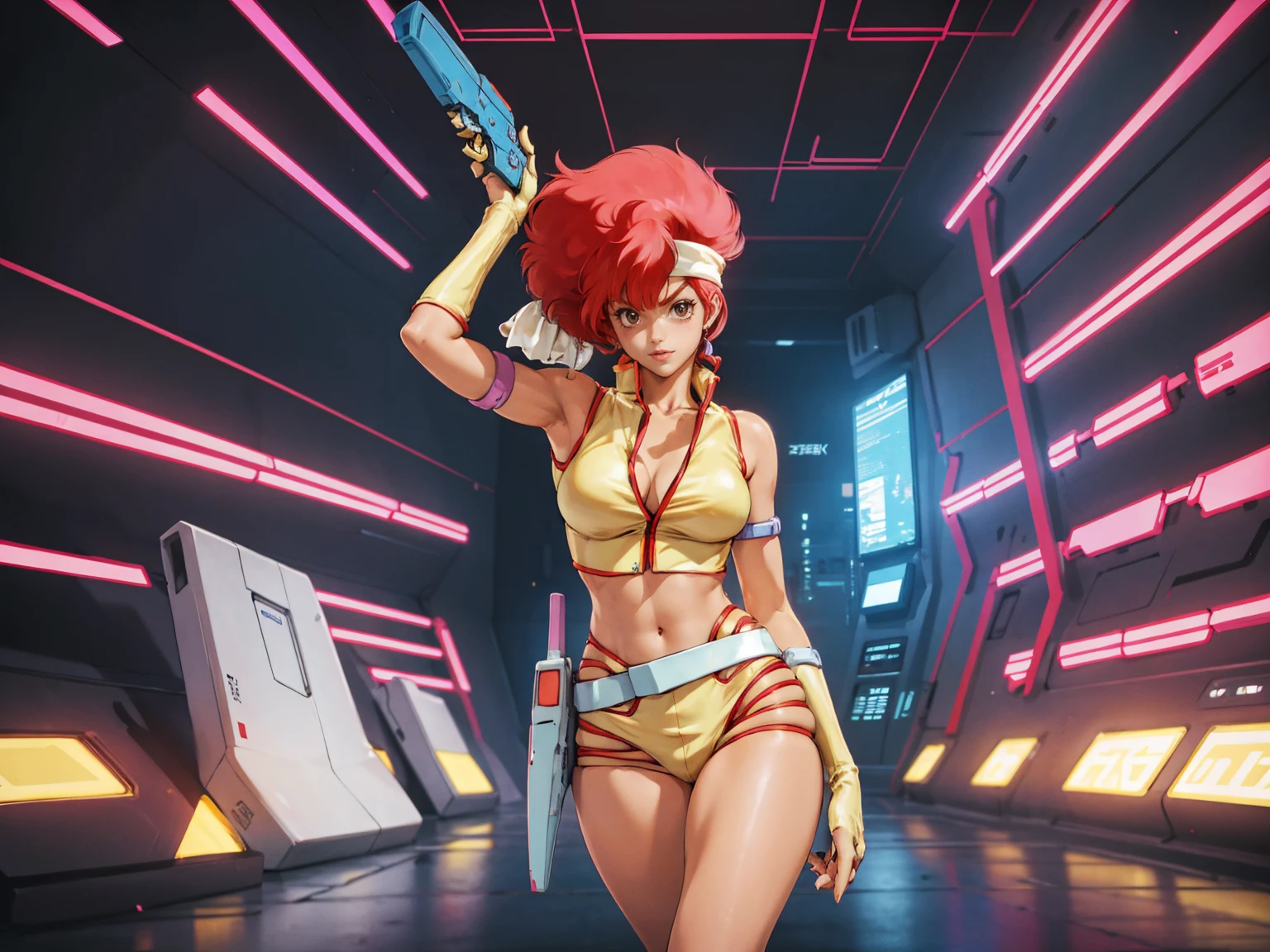 Kei from The Dirty Pair, , wearing a tight yellow outfit, frame, legs, medium breast, red hair beauty, cyberpunk city background, holding retro space-gun, headband, slim waist, slim thighs, thigh gap