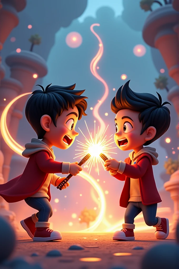 Janret in cinemetic 3d carton stail **"Aryan in a Duel":** Aryan engaged in a friendly duel with another student, both wielding glowing magical staffs, with sparks flying and energy swirling around them.