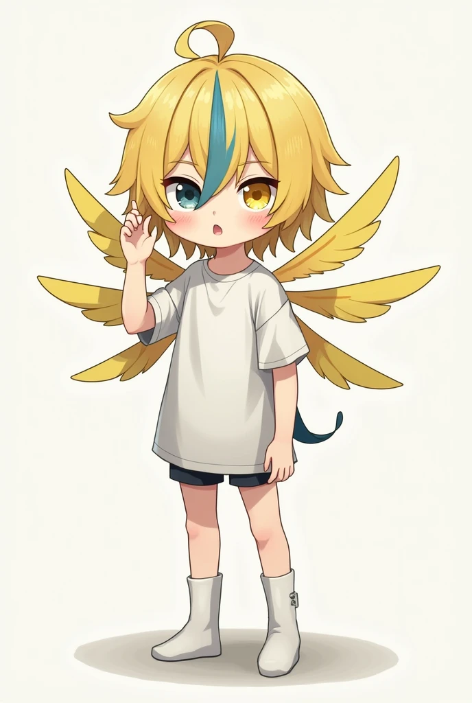 He is a short guy with golden hair and a small strand of blue hair at the top of his head. 2 small strands of hair on both sides of the ears, 1 long strand of hair behind. hair is cut like a mullet. Two-colored eyes, one golden on the right and one black on the left. That boy has 4 pairs of wings on his back and a small yellow wing covering the left half of his face. He wore a baggy T-shirt and white socks. He is standing or sitting. Lustful