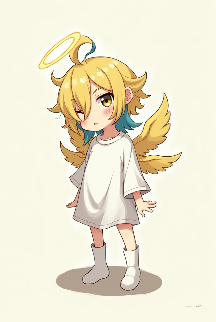 He is a short guy with golden hair and a small strand of blue hair at the top of his head. 2 small strands of hair on both sides of the ears, 1 long strand of hair behind. hair is cut like a mullet. Two-colored eyes, one golden on the right and one black on the left. That boy has 4 pairs of wings on his back and a small yellow wing covering the left half of his face. He wore a baggy T-shirt and white socks. He is standing or sitting. Lustful