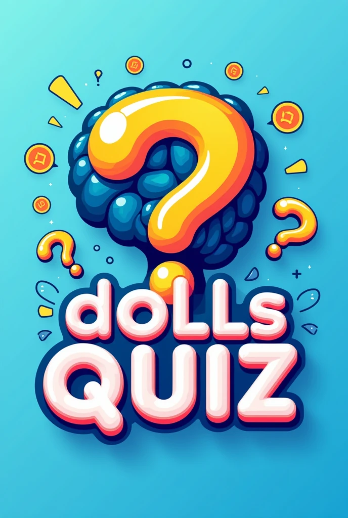 Create a modern and attractive logo for a YouTube channel dedicated to quizzes and trivia. The design should include representative elements such as a question mark., A stylized brain, a light bulb or questionnaire icons (For example, circles with letters or numbers). Use a palette of vibrant and energetic colors, like shades of blue, yellow and white, to transmit dynamism and knowledge. The style should be clean, friendly and easily recognizable, adaptable to different sizes and platforms. Include the channel name in a clear and striking font that complements the graphic elements and reflects fun., Intellectual challenge and enthusiasm for learning. My channel name is called Dolls Quiz.