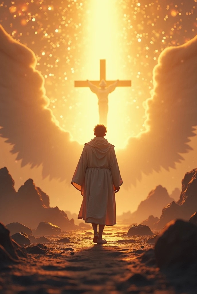A man walking toward the cross, angel, God, throne, salvation, self-sacrifice, light, path, 3D illustration. 3d rendering