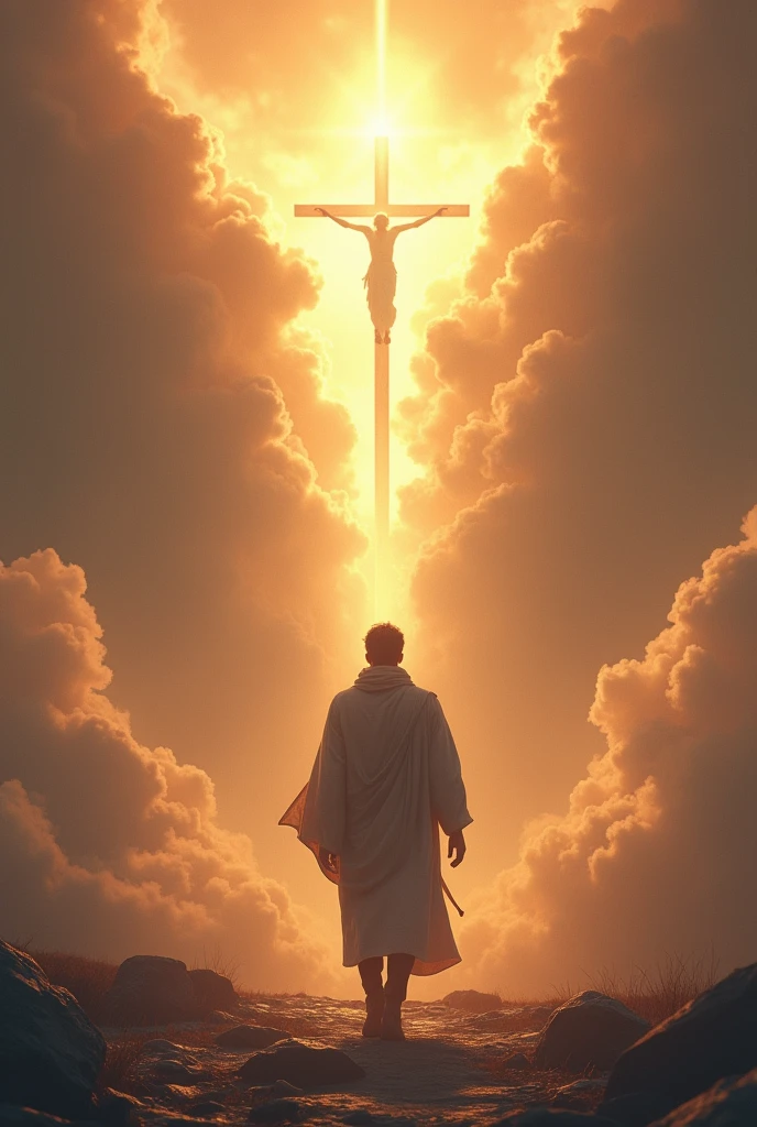 A man walking toward the cross, angel, God, throne, salvation, self-sacrifice, light, path, 3D illustration. 3d rendering