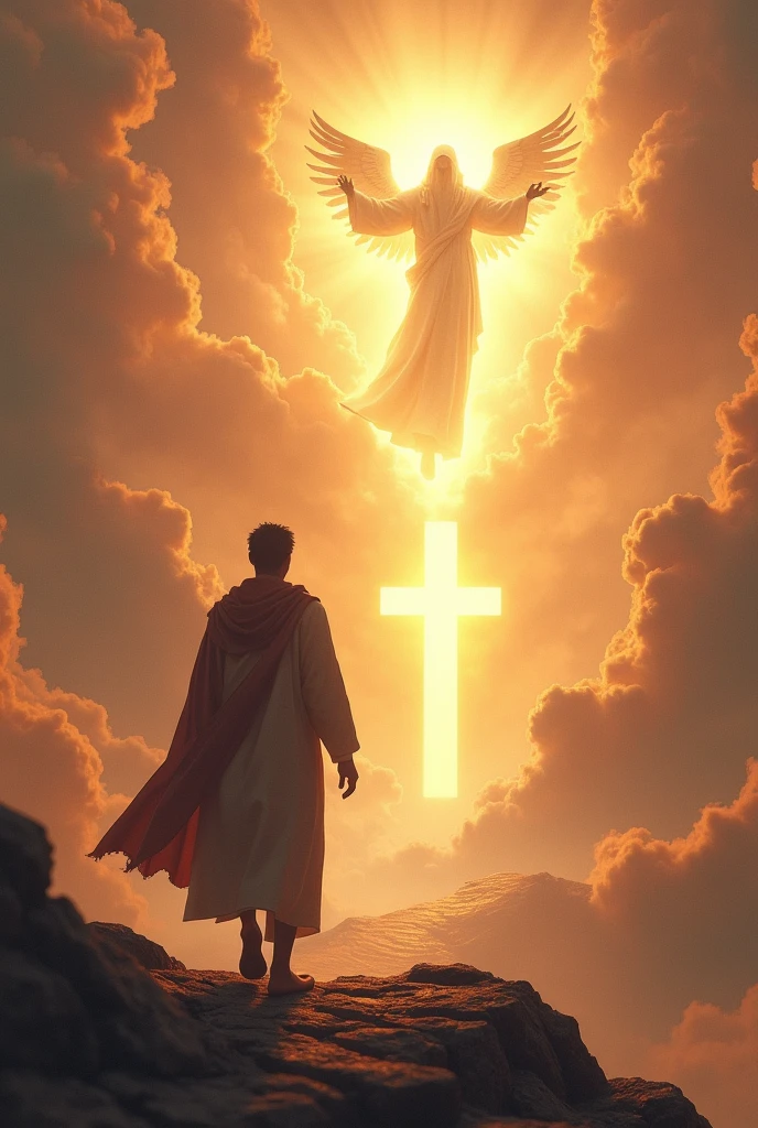 A man walking toward the cross, angel, God, throne, salvation, self-sacrifice, light, path, 3D illustration. 3d rendering