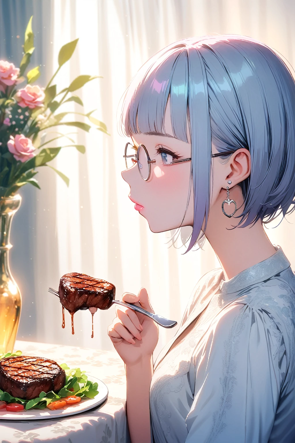(extremely detailed fine touch:1.3), Vibrant colors, Soft tones, With warm and gentle lighting, girl, solo, (((silver semi-rimless round eyewear:1.3))), short hair, smooth hair, blunt bangs, heart earring, profile, tablecloth, mini steak, sucking fork, pink lips, vase with flowers, 