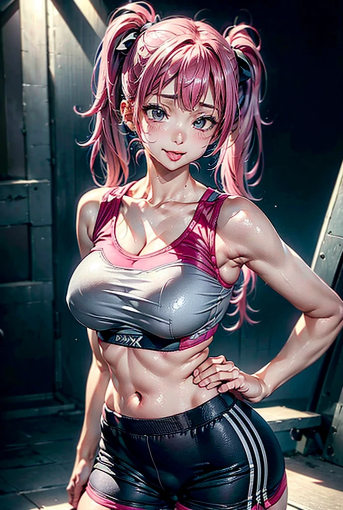 Grey sports bra、Shorts、Twin tails、Pink Hair、Sweating profusely、Damp clothes、High resolution, high quality, Textured skin, Sticking out tongue, 