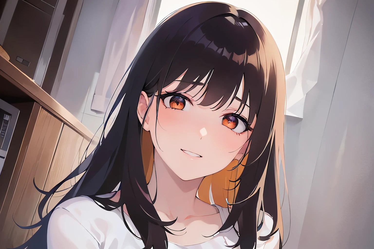cinematic angle, looking up, Upper Body, Realistic, real person, (pale skin: 1.2), RAW photo, photorealistic, shiny skin, shiny hair、(A 2 woman with medium-length hair and bangs) and (wavy hair) and (brown hair) and (orange eyes) , White T-shirt 、Cleavage、smile, (embarrassed:1.3), Sofa in the background、Alone、