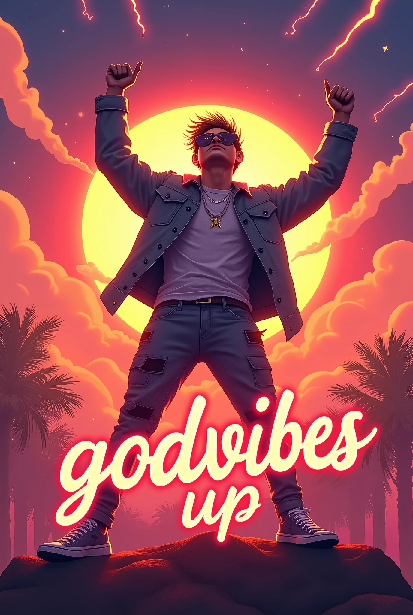 A vibrant sunset scene with orange gradients, pink and purple in the sky. A young man with a reggaeton style, in a victory pose, with brightness around it. Flames and lightning around the character, movement lines for dynamism. Radiant sun overhead and bright stars in the sky. texto "Godvibes up" in a bright, stylized font. positive and inspiring energy.