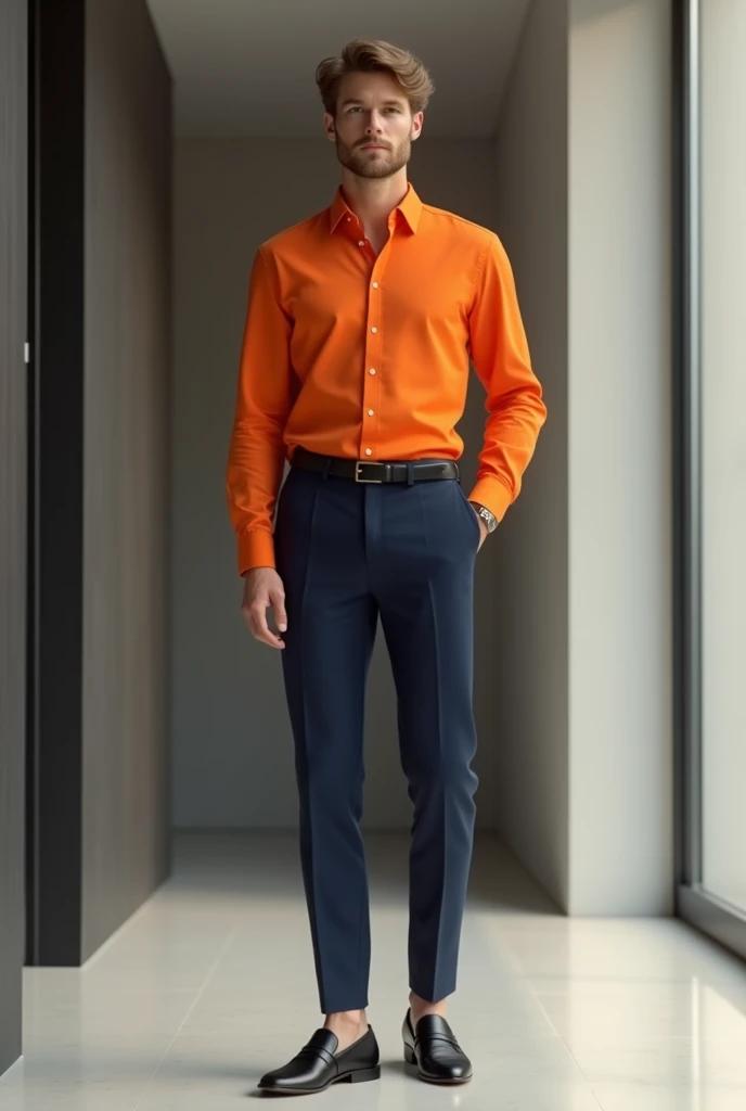 Orange colour shirt
Navy bule pant
Black loafers
