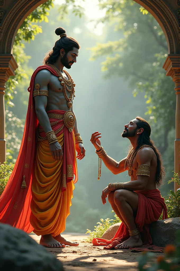 creat a realistic image "Show a scene of Lord Ram Ji where Hanuman Ji is proving him.
