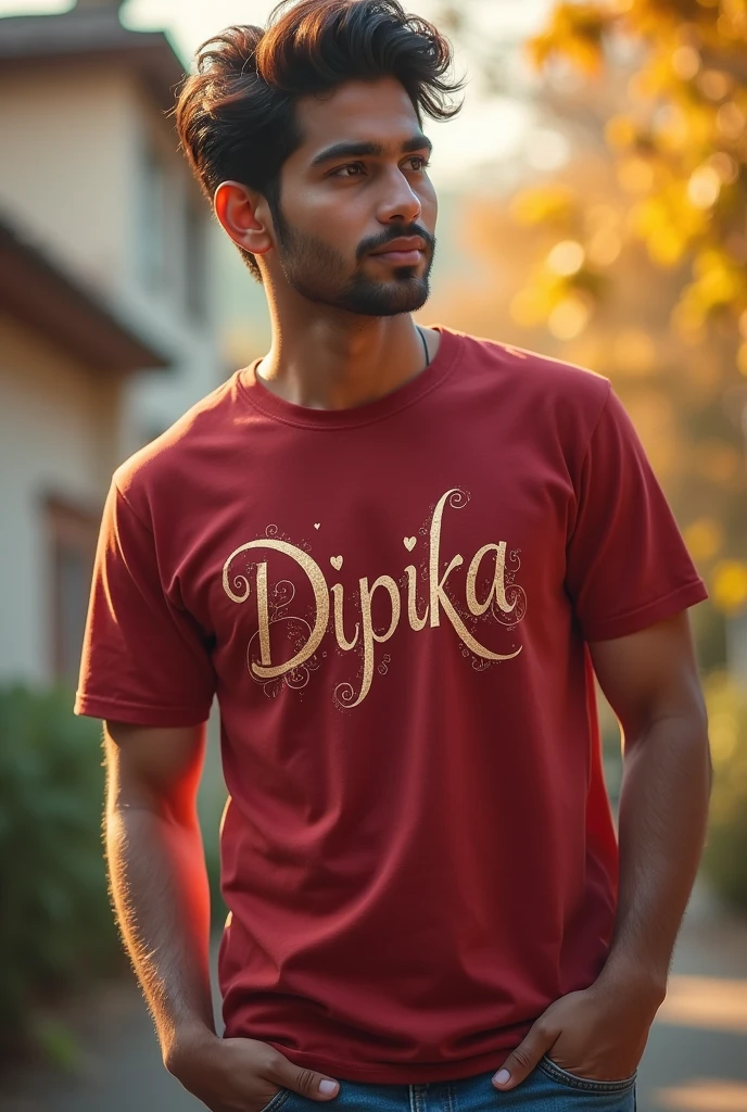 My name 'dipika love you' show my t shirt my name in beautiful places by handsome boy