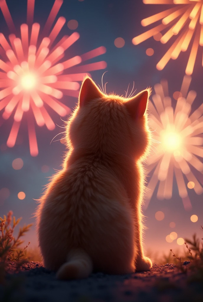 Cat　Munchkin　brown　Background fireworks　Back view