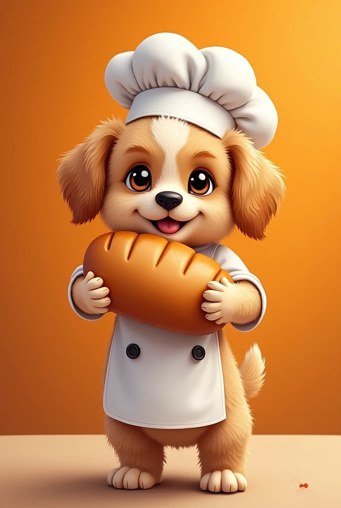 Puppy with beige and brown and curly fur , black eyes offering a big loaf of bread in a chef's uniform ,all logo style on blurred orange background