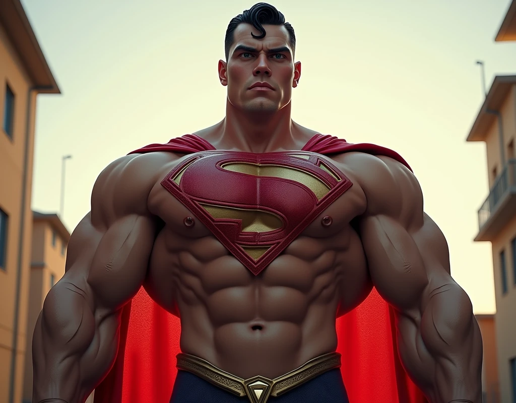 1 man full body fully shaven black hair blue eyes huge muscular 13 big thick penis large testicles greeting the viewer superman costume age 18 morning