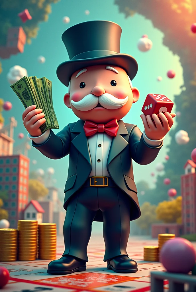 Make a monopoly man holding cash and dice with the crypto and ai, business ytics students with monopoly theme