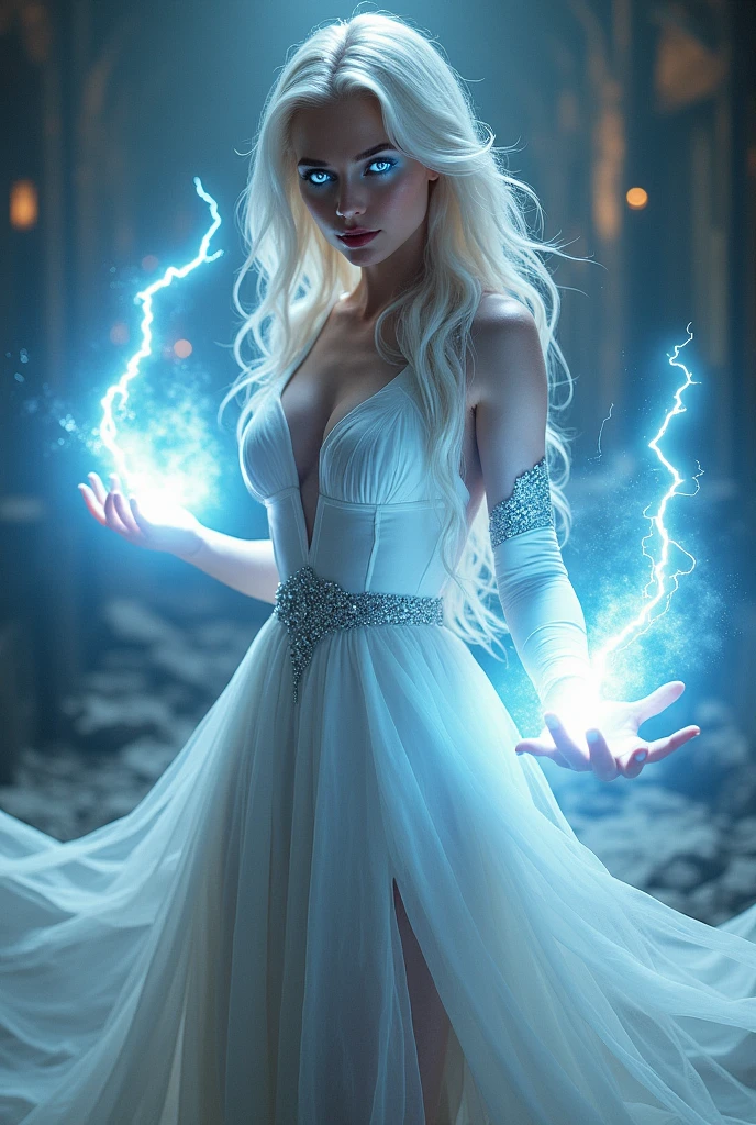 1Beautifulwoman，white skinned， X-Men Storm, lightning in hand, a skirt,glowing light eyes，Light in Eyes