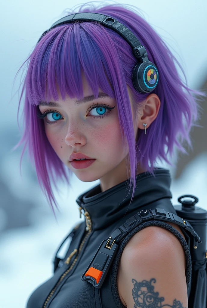 (photoshot_(average):1.2), by Antonio J.. Manzanedo, por Jeremy Lipking, 1 girl, looking at the camera, (facing at viewer:1.1), (photoshotrealistic:1.2), hyper realist, photoshotrealism, close up, head and shoulders, purple hair with rainbow locks, shorth hair, hypdertailed, bangss, blue colored eyes, friendly, eyelash, Steampunk, sleeveless, underground skin dispersal, snowy mountain background, symetry, Depth of field, 8k, Visual effects, HDR, RTX