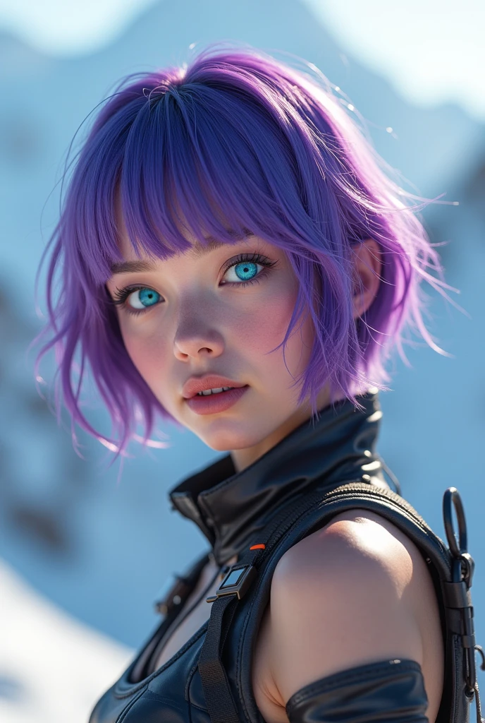 (photoshot_(average):1.2), by Antonio J.. Manzanedo, por Jeremy Lipking, 1 girl, looking at the camera, (facing at viewer:1.1), (photoshotrealistic:1.2), hyper realist, photoshotrealism, close up, head and shoulders, purple hair with rainbow locks, shorth hair, hypdertailed, bangss, blue colored eyes, friendly, eyelash, Steampunk, sleeveless, underground skin dispersal, snowy mountain background, symetry, Depth of field, 8k, Visual effects, HDR, RTX