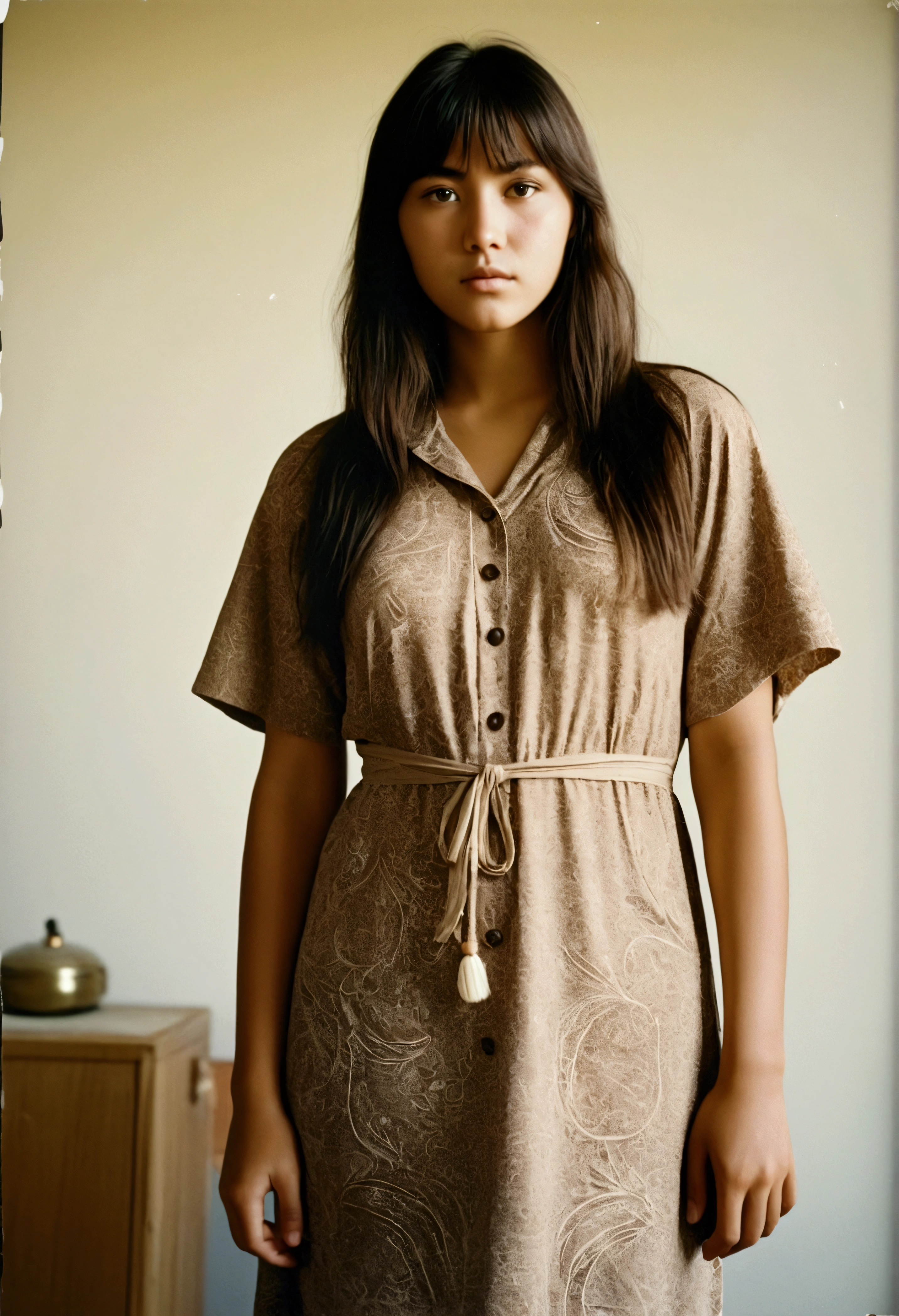 analog film photograph, Photo of a modern Sioux woman, 18-years-old, long, amazonian stature, athletic hourglass figure, busty breasts, narrow waist, full wide hips, big round buttocks, wearing loose tunic dress, tan complexion, amber eyes, dark hair, thick shaggy bangs, posing on a pedestal, RAW Photograph, dslr, soft lighting, high quality, film grain, Fujifilm XT3, detailed skin with visible pores, insane details, masterpiece, 8k, 35mm photograph, dslr, kodachrome, faded film, desaturated, grainy, vintage, Lomography, stained, highly detailed, found footage