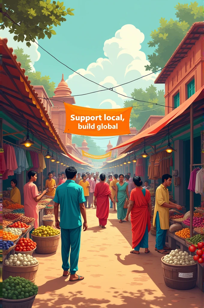 Create a poster with title atmanirbhar bharat
Visual Concept: Illustrate a market scene with people buying locally made products, with a banner overhead that says "Vocal for Local."
Slogan: "Support Local, Build Global."
Colors: Earthy tones with vibrant splashes to represent local culture and diversity.
