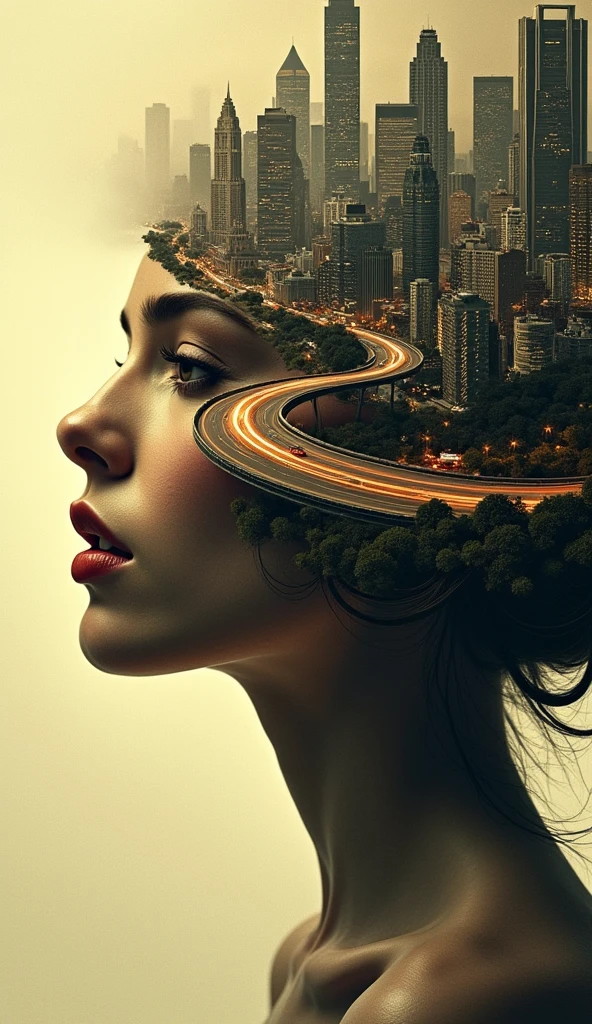 Create an image depicting a front-profile view of a female figure with beautiful, detailed features and fair skin. The figure's face is magically morphing into a modern, bustling city with a winding highway leading through the open mouth of the female figure. The cars on the highway are heading towards the figure's mouth. The pastel color palette includes earth tones with an emphasis on sepia, brown, and muted yellows. The atmosphere is enigmatic and illusive. intricate, beautiful, extremely detailed, crisp quality, enigmatic, illusive, surreal