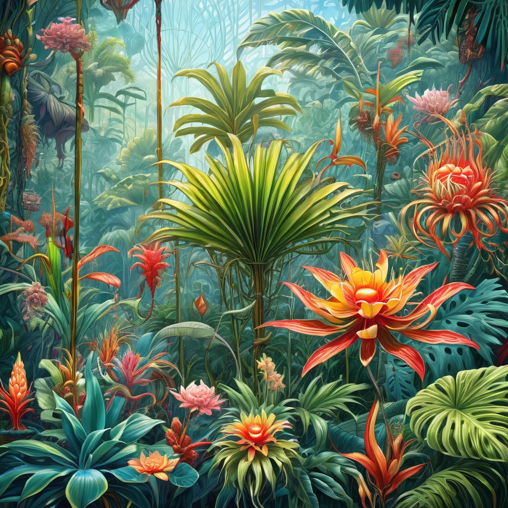 (Super detailed, highest quality, digital art), inspired by Android Jones, James Jean and Ernst Haeckel, fictional tropical plants that inhabit the Amazon hinterland, various types of flowers imaginary, fantastic, Ultra HD, winner of the painting contest, masterpiece
