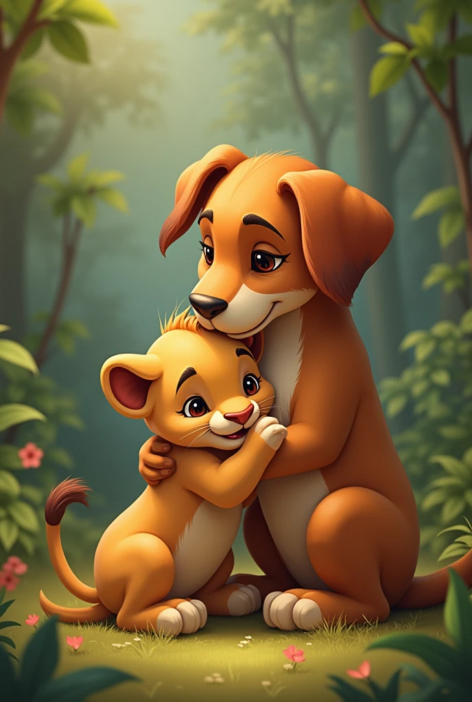 A dog feeding a lion cub in its lap