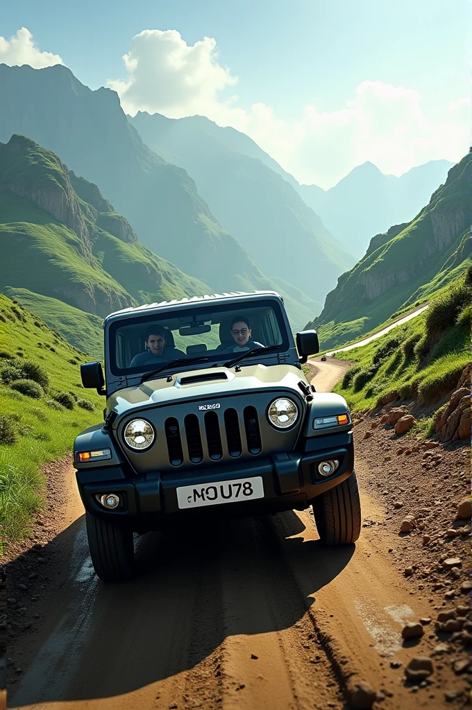 New mahindra thar couple driving in hill in side car janant movie song play in car display 