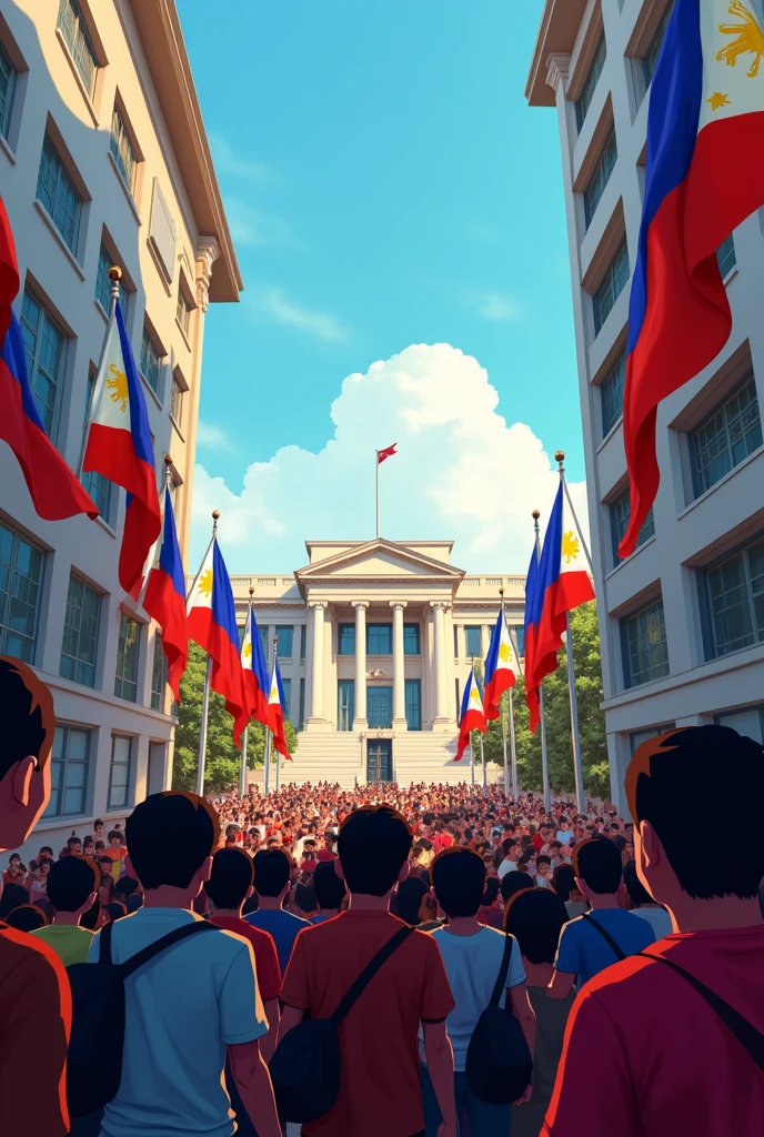 front malacanang with protesters and buildings in sides and Philippine flags digital illustration so many peoples are looking ahead