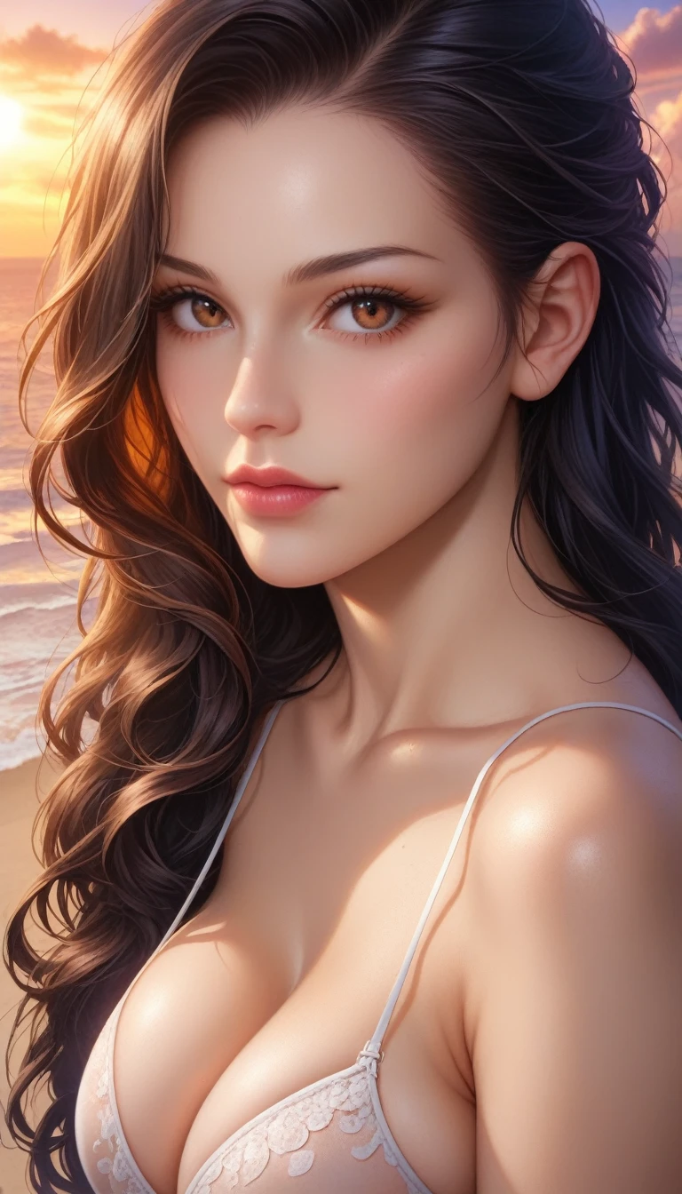 score_9, score_8_superior, score_7_superior, A masterpiece in 32K resolution,Highest quality,Very detailed,Ultra-realistic,Realistic,Increased depth of field,Cinematic lighting,
Elegant mature Japanese woman,
Glossy black hair,Straight long hair,Showing his forehead,Ultra-detailed and beautiful face,Sensual look,Beautifully detailed dark brown eyes,Ultra-detailed skin,Translucent white skin,Realistic skin texture,Beautiful cleavage,Shapely ass,Firm thighs,Great proportions,
Summer Beach Dress,
Bold design,spaghetti straps,No sleeve,Thigh slit,Delicate and beautiful decoration,Detailed texture of the fabric,
Dark seaside scene at night,
Dark clouds filling the sky,Thundercloud,Coastline at night,Golden reflections on the sea surface,delay々A desolate sandy beach that continues,
(Close-up of face:1.5),
Cinematic,
High angle,