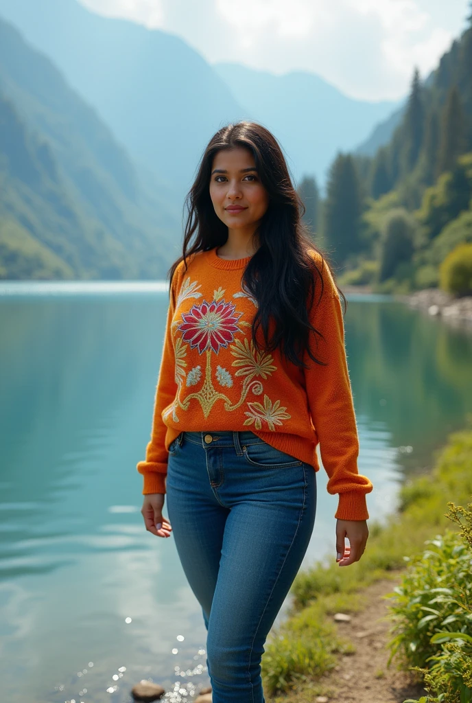 a short and chubby beautiful indian girl with large breasts wearing a beautiful sweater and denims walks near dal lake in kashmir
