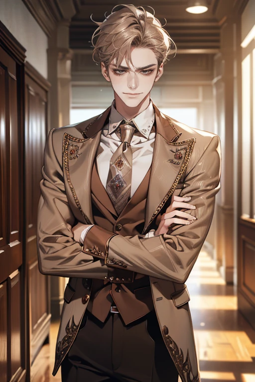 (tmasterpiece, high resolution, ultra - detailed:1.0), (1 boy, Young male, masculine face), Perfect male body, tall and strong, Adult male, Delicate eyes and delicate face, Extremely detailed CG, Unity 8k wallpaper, Complicated details, Detailed face, (gray brown hair, messy hair, serious faces, white shirts,Bad students), (frown,evil smile:1.3), stad in school corridor, street style, color difference, Depth of field, dramatic shadow, Ray tracing, Best quality, Cinematic lighting, offcial art,Portrait