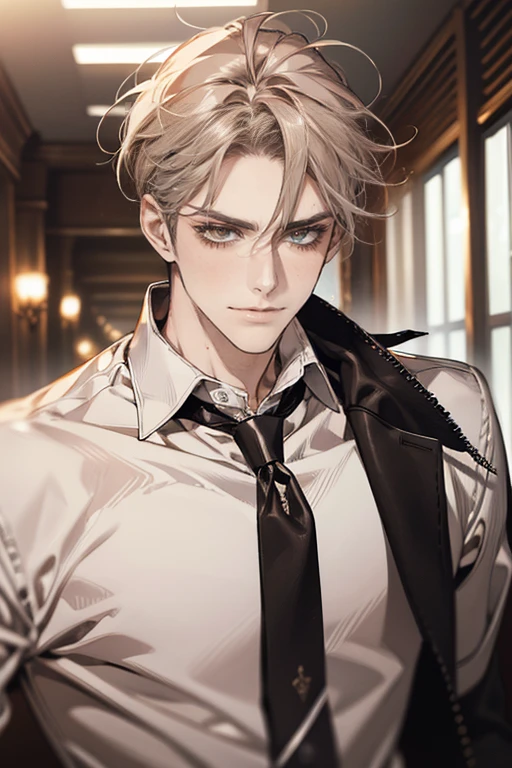 (tmasterpiece, high resolution, ultra - detailed:1.0), (1 boy, Young male, masculine face), Perfect male body, tall and strong, Adult male, Delicate eyes and delicate face, Extremely detailed CG, Unity 8k wallpaper, Complicated details, Detailed face, (gray brown hair, messy hair, serious faces, white shirts,Bad students), (frown,evil smile:1.3), stad in school corridor, street style, color difference, Depth of field, dramatic shadow, Ray tracing, Best quality, Cinematic lighting, offcial art,Portrait
