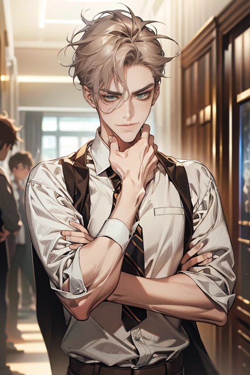 (tmasterpiece, high resolution, ultra - detailed:1.0), (1 boy, Young male, masculine face), Perfect male body, tall and strong, Adult male, Delicate eyes and delicate face, Extremely detailed CG, Unity 8k wallpaper, Complicated details, Detailed face, (gray brown hair, messy hair, serious faces, white shirts,Bad students), (frown,evil smile:1.3), stad in school corridor, street style, color difference, Depth of field, dramatic shadow, Ray tracing, Best quality, Cinematic lighting, offcial art,Portrait